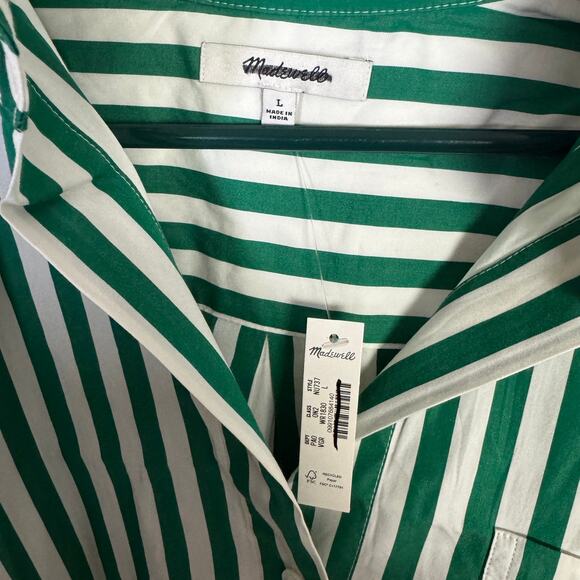 Madewell Poplin Easy Y-Neck Button-Up Shirt WMNS L Green White Sriped NU737 LS - Picture 5 of 8